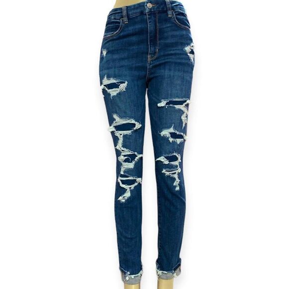 High Waisted Dark Denim Shredded Skinny Jeans NEW - Picture 1 of 5